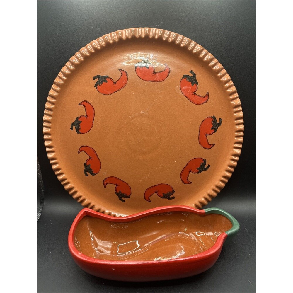 Terra cotta Red Chilli Peppers Plate Mexican Style W/ Terra Cotta Chill Dip Bowl